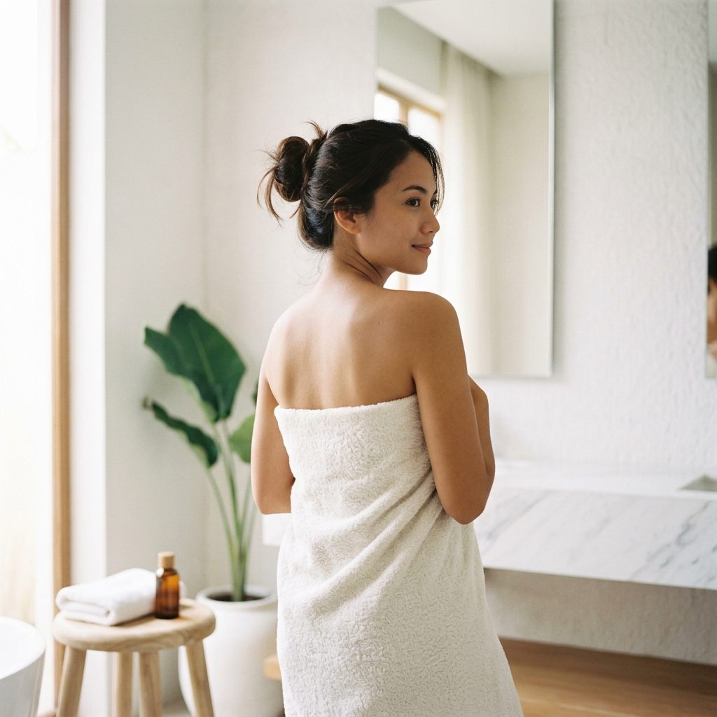 Woman wrapped in Synestrea premium towel